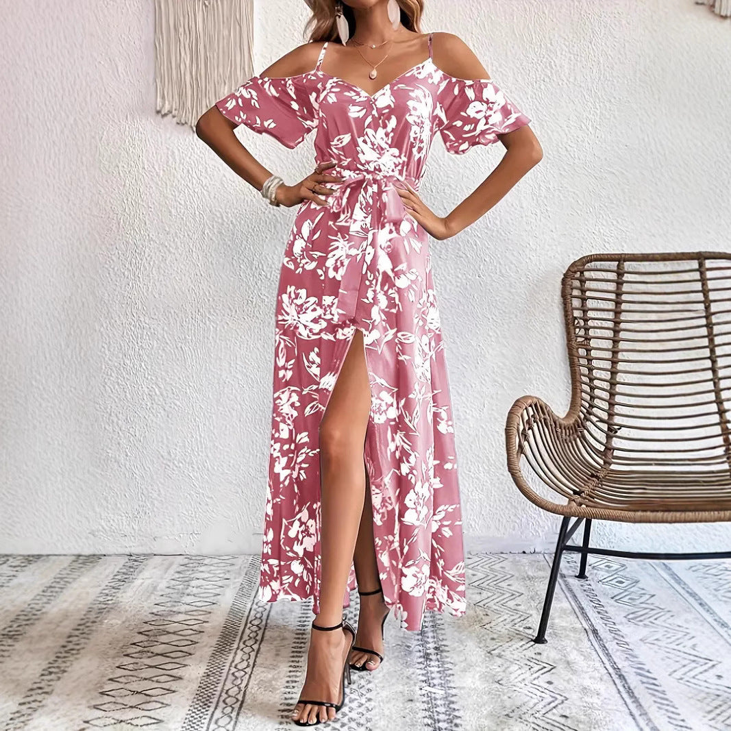Robe Longue d'Été à Fleurs, Épaules Dénudées avec Ceinture