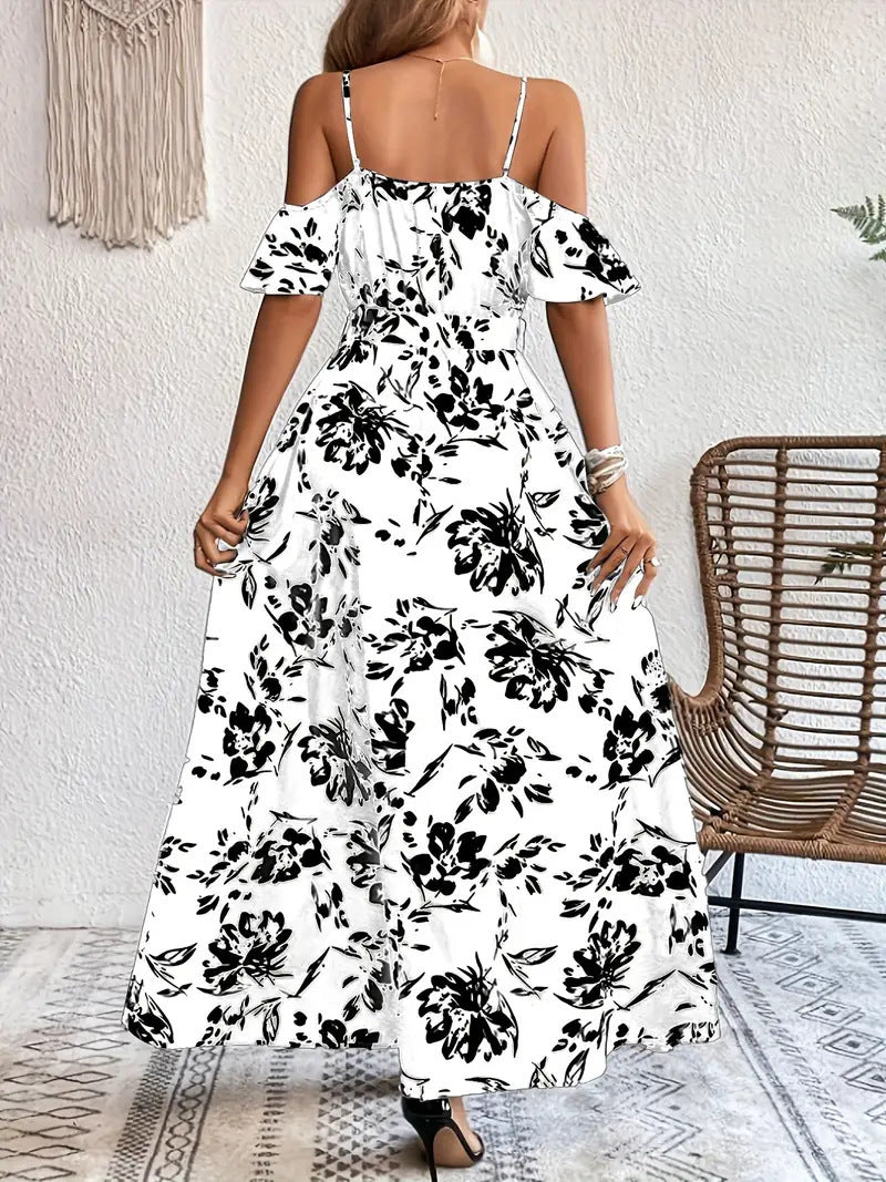 Robe Longue d'Été à Fleurs, Épaules Dénudées avec Ceinture