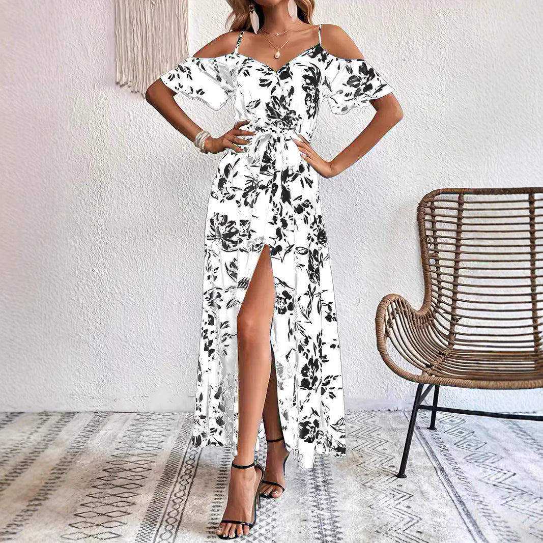 Robe Longue d'Été à Fleurs, Épaules Dénudées avec Ceinture