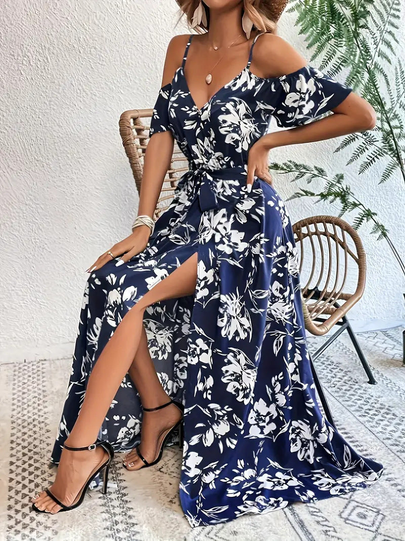 Robe Longue d'Été à Fleurs, Épaules Dénudées avec Ceinture