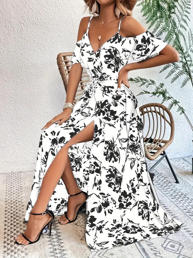 Robe Longue d'Été à Fleurs, Épaules Dénudées avec Ceinture