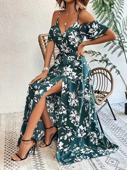 Robe Longue d'Été à Fleurs, Épaules Dénudées avec Ceinture