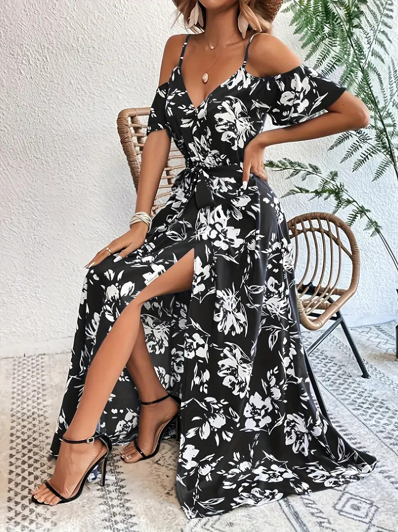 Robe Longue d'Été à Fleurs, Épaules Dénudées avec Ceinture