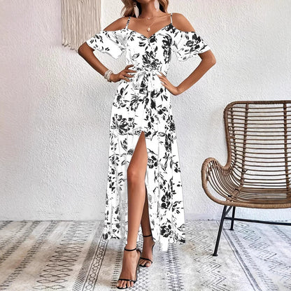 Robe Longue d'Été à Fleurs, Épaules Dénudées avec Ceinture