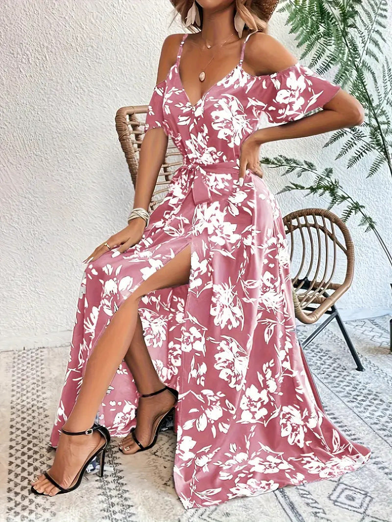 Robe Longue d'Été à Fleurs, Épaules Dénudées avec Ceinture